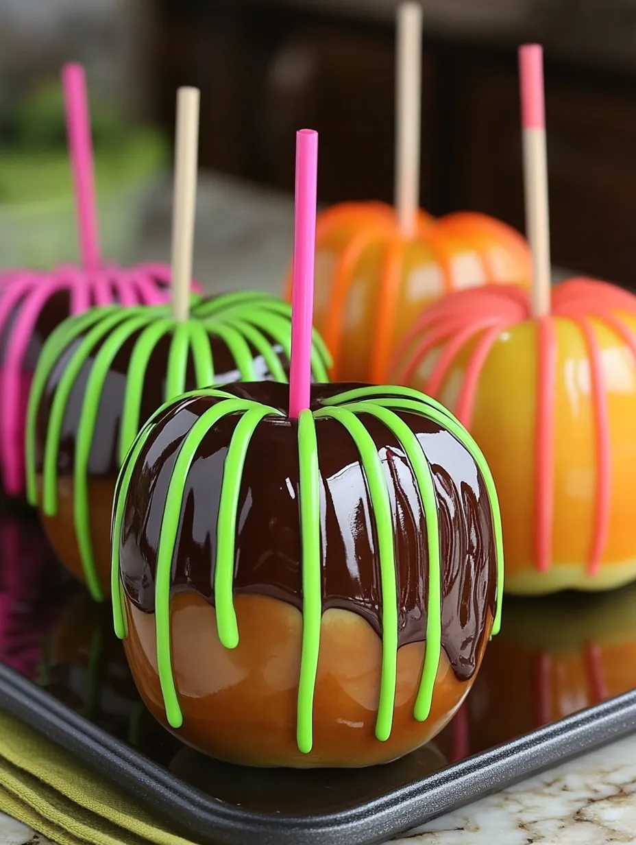 A plate of candy apples with green and pink stripes.