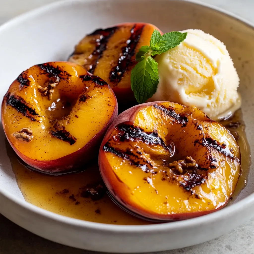 A plate of grilled peaches with vanilla ice cream.