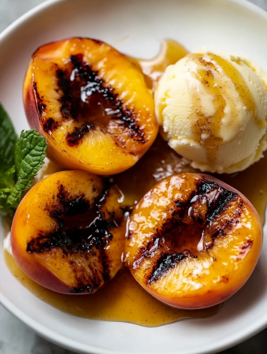 Grilled peaches with vanilla ice cream.