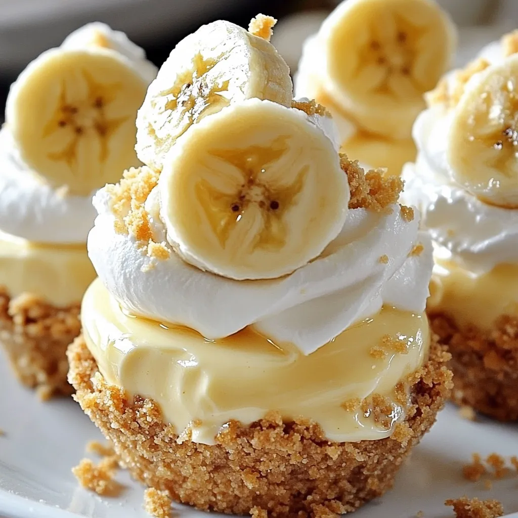 No-bake mini banana cream pies with whipped cream and banana slices.
