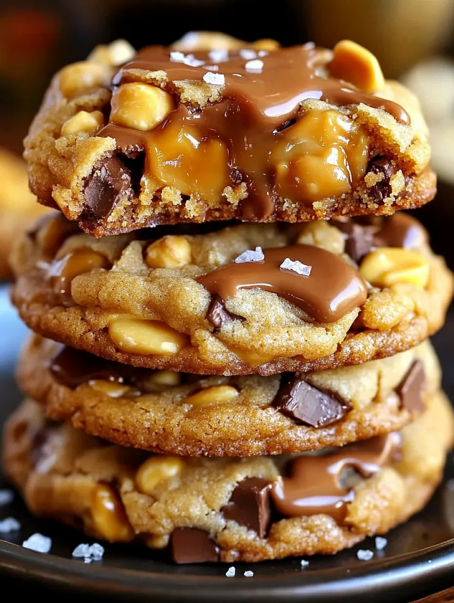 Three stacked cookies with caramel drizzle.