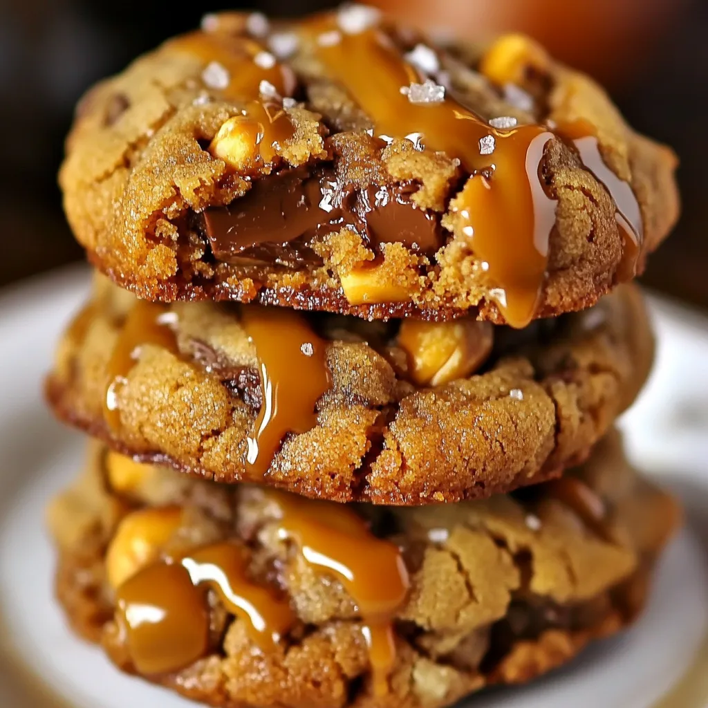 A stack of cookies with caramel drizzled on top.