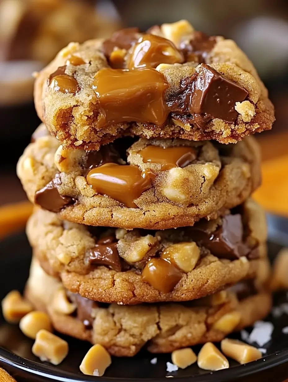 A stack of cookies with caramel drizzle.