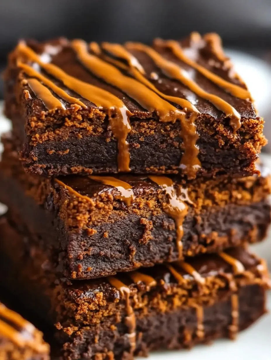 A stack of brownies with caramel drizzle.
