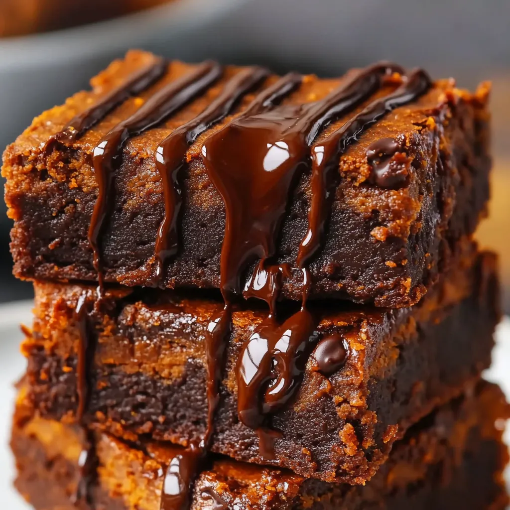 A stack of brownies with chocolate drizzle.