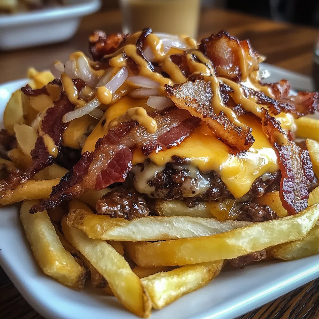 A plate of food with bacon cheeseburger poutine.