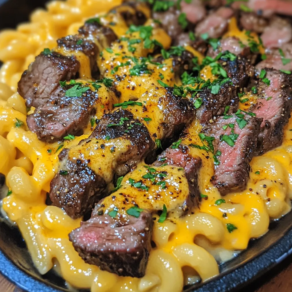 A plate of garlic butter steak mac cheese.