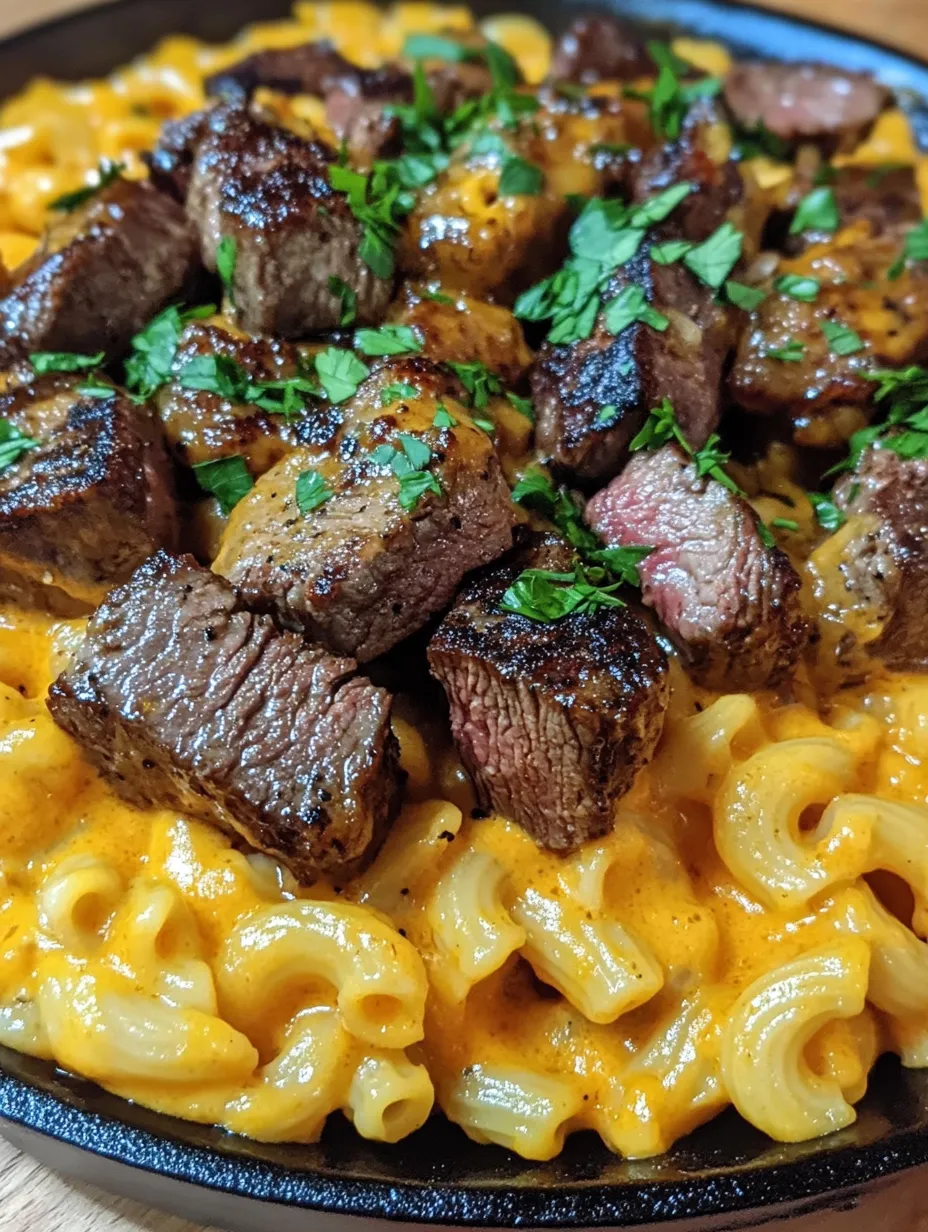 A close up of a delicious garlic butter steak mac cheese.