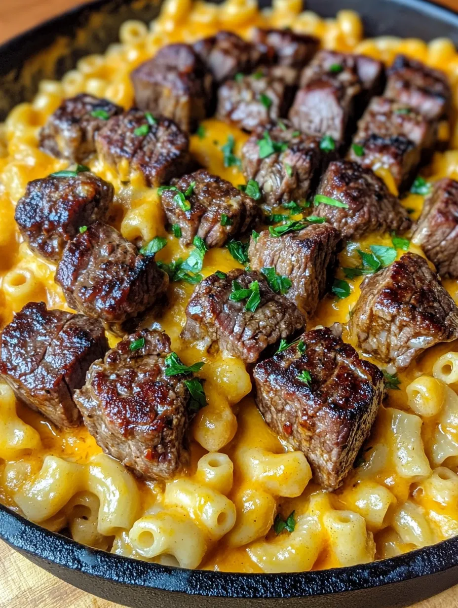 A close up of a delicious garlic butter steak mac cheese.