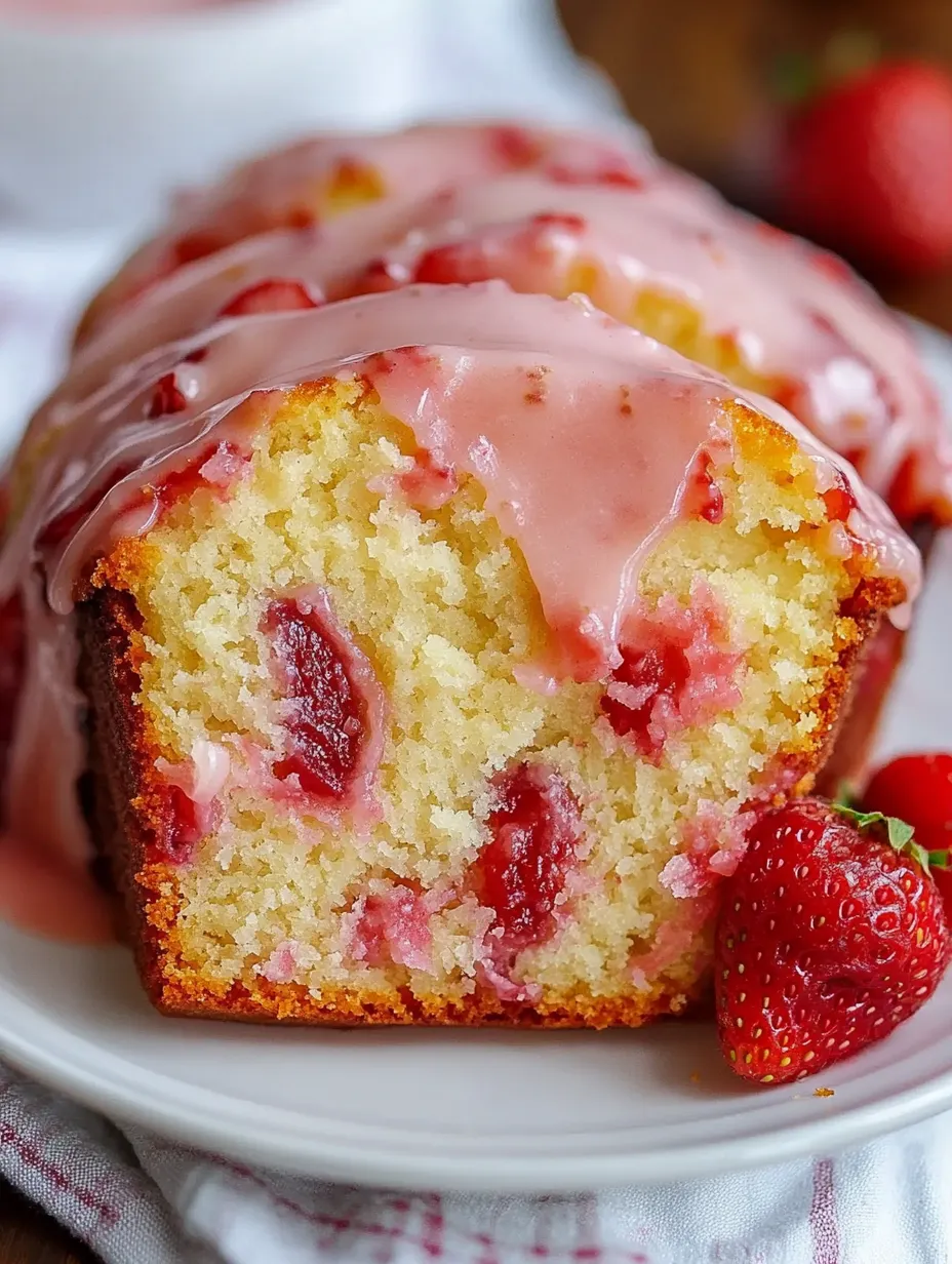A slice of moist strawberry pound cake.