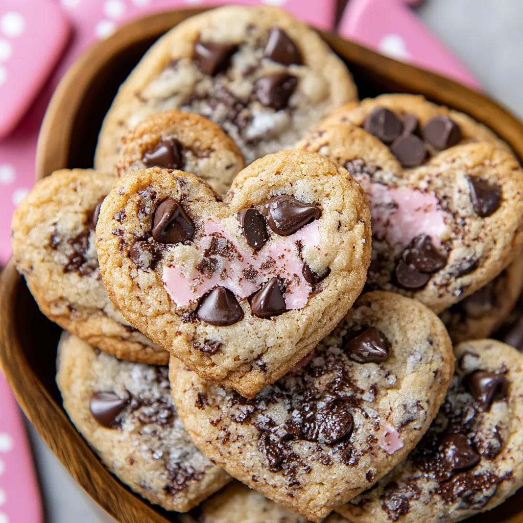 A plate of heart shaped chocolate chip cookies.