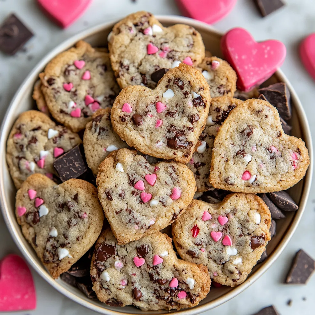 A bowl of heart shaped chocolate chip cookies.