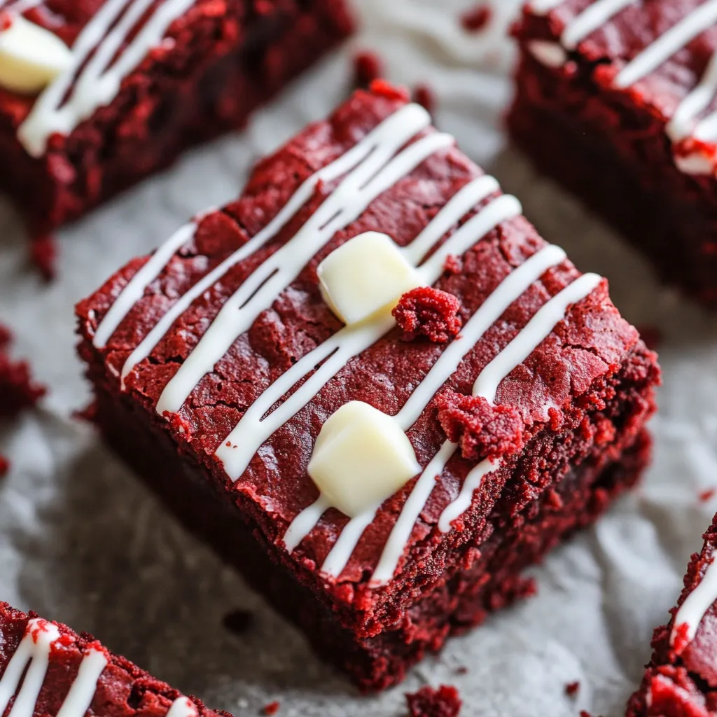 A close up of a red velvet brownie with white icing.