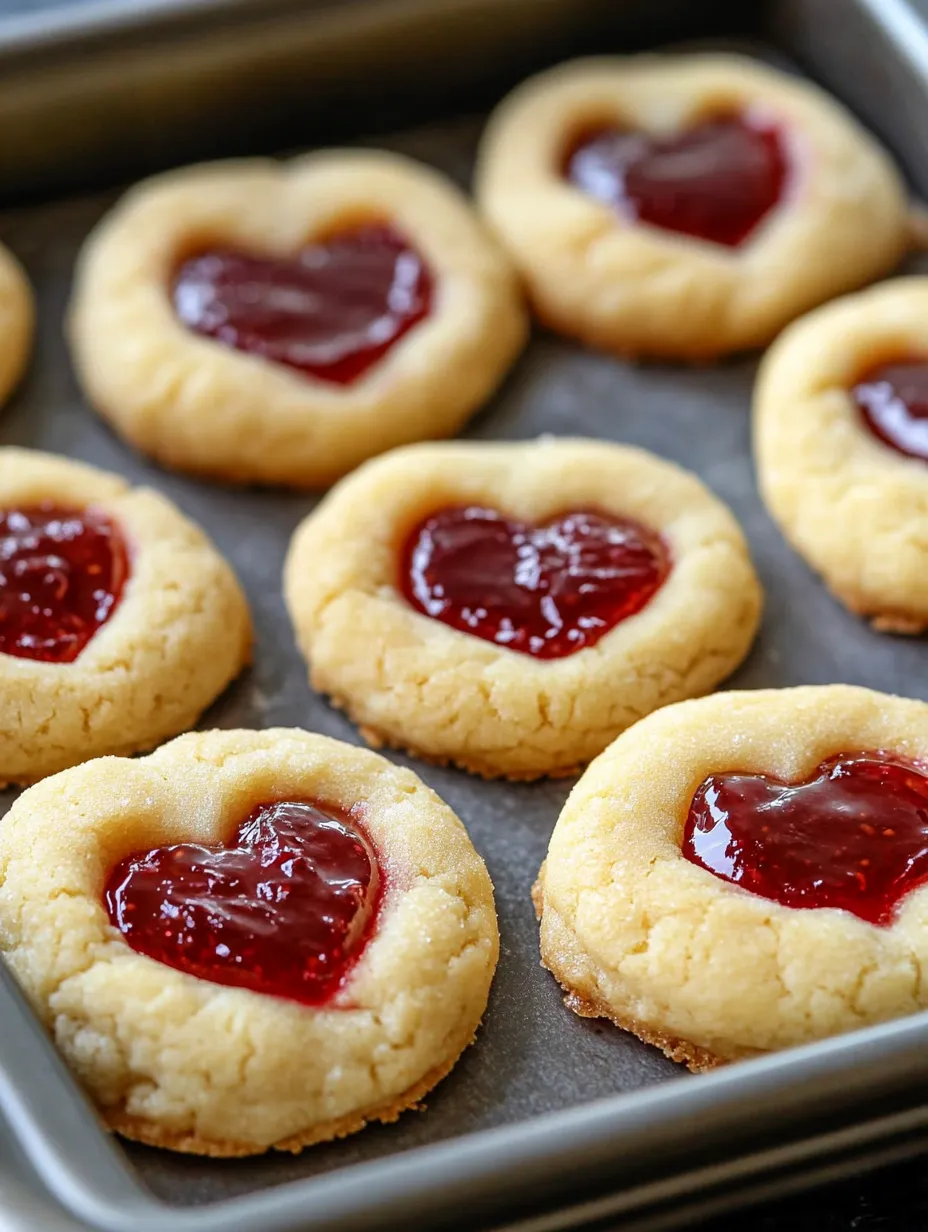 Heart shaped cookies with jam filling.