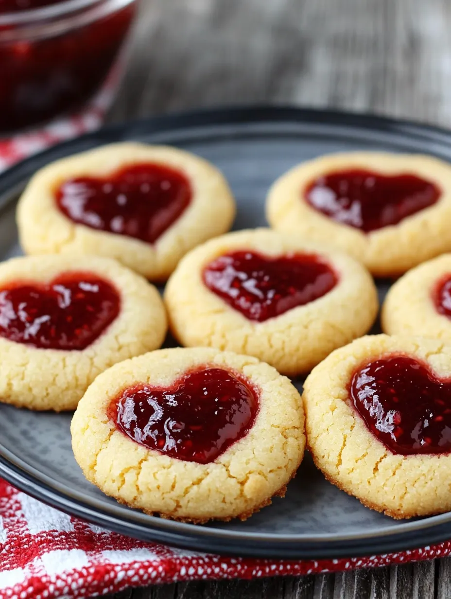 A plate of heart shaped cookies with jam in the middle.