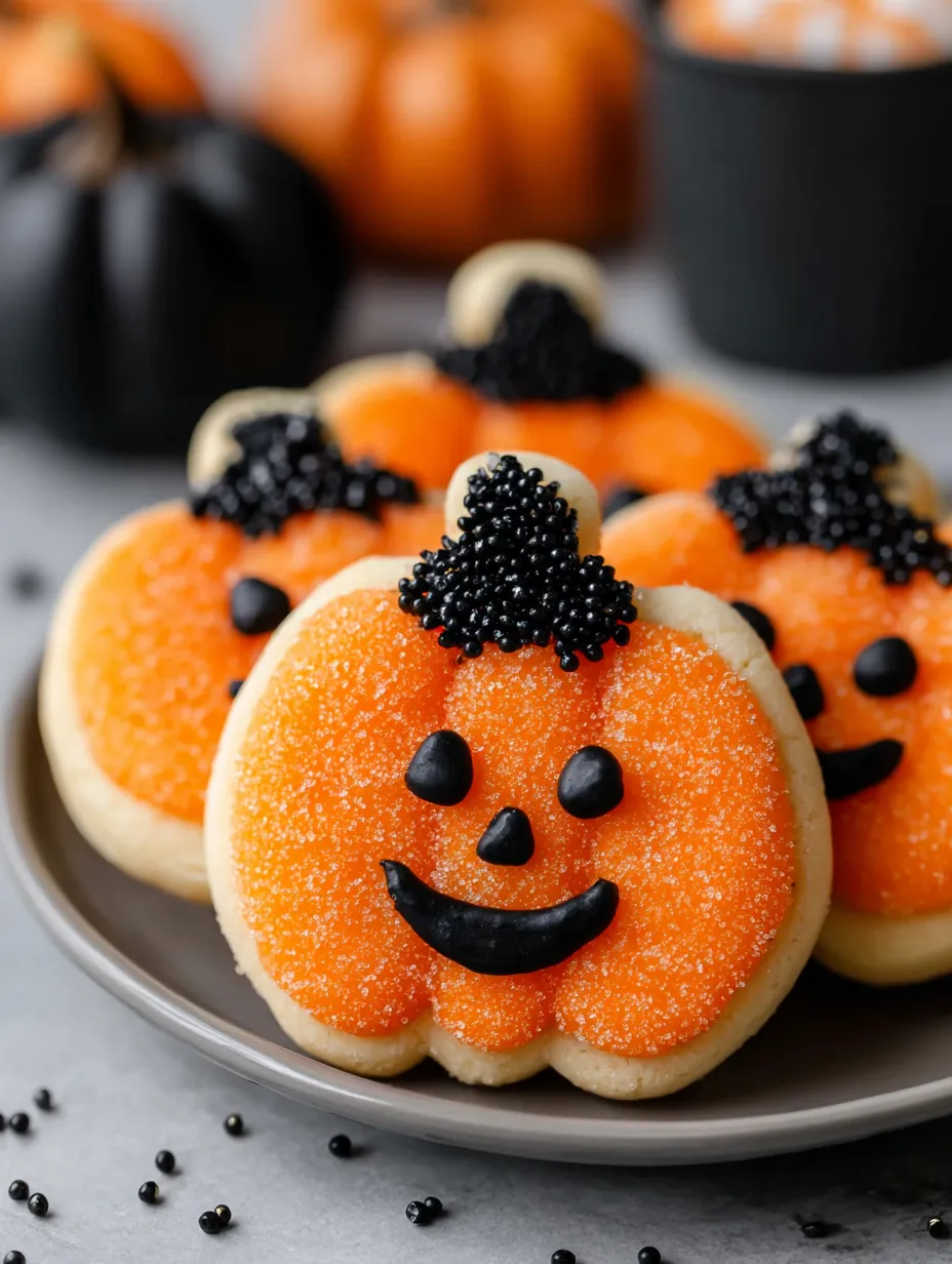 A plate of cookies with pumpkin and blackberry decorations.