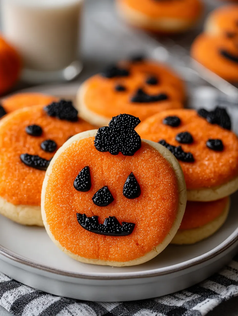 A plate of cookies with pumpkin and black olive decorations.