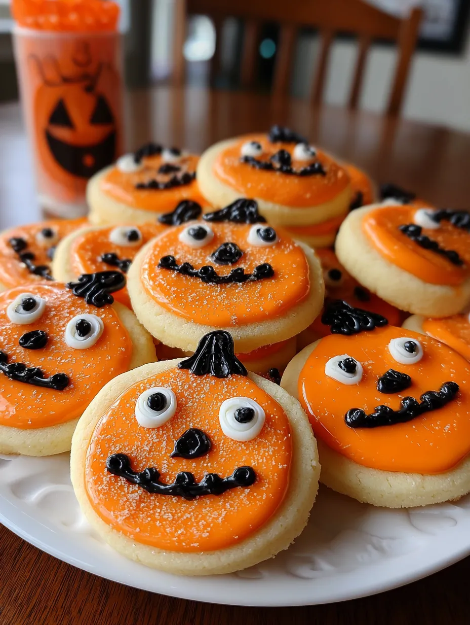 A plate of pumpkin cookies with black icing and orange decorations.