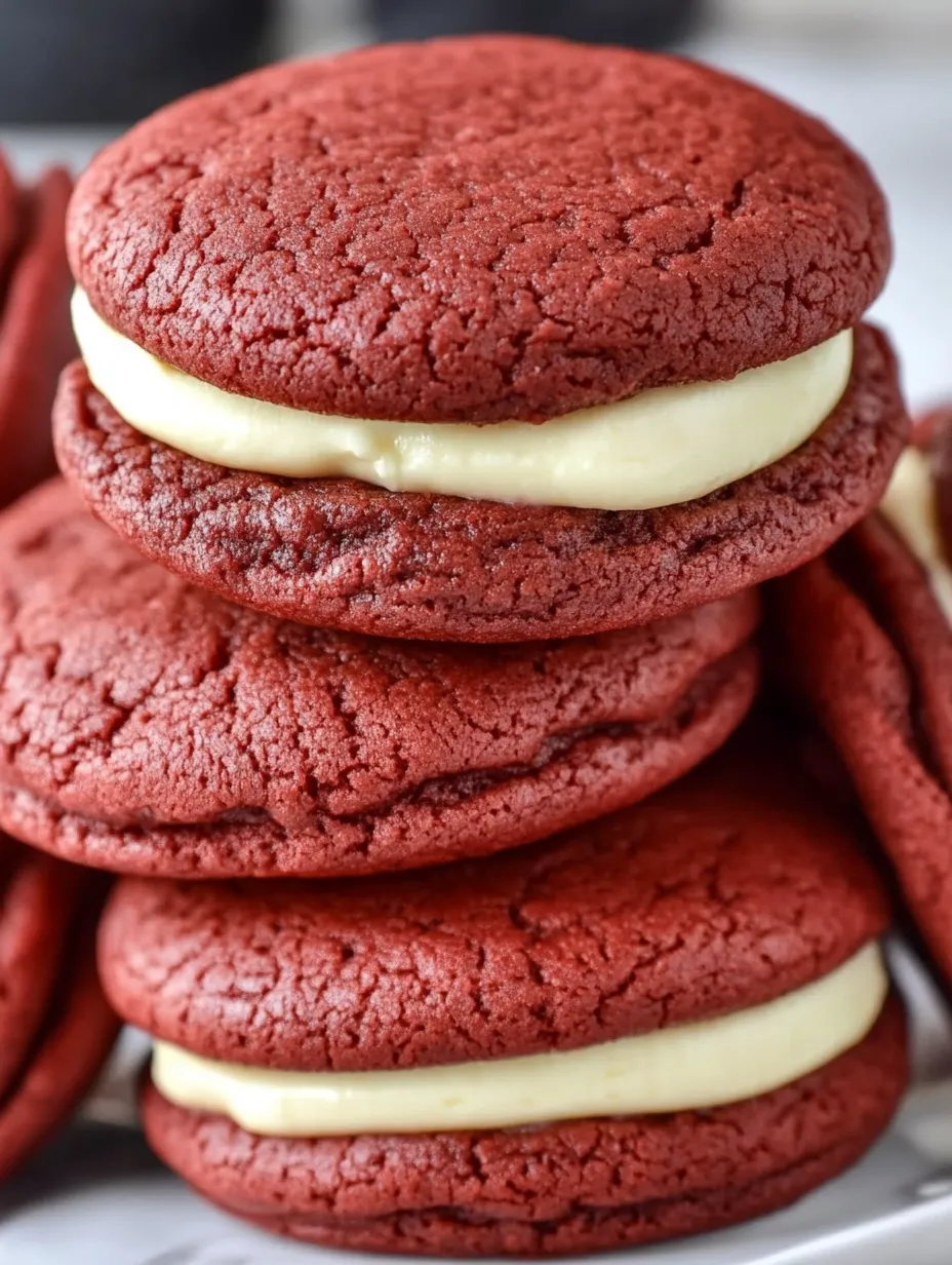 Red velvet sandwich cookies stacked on top of each other.