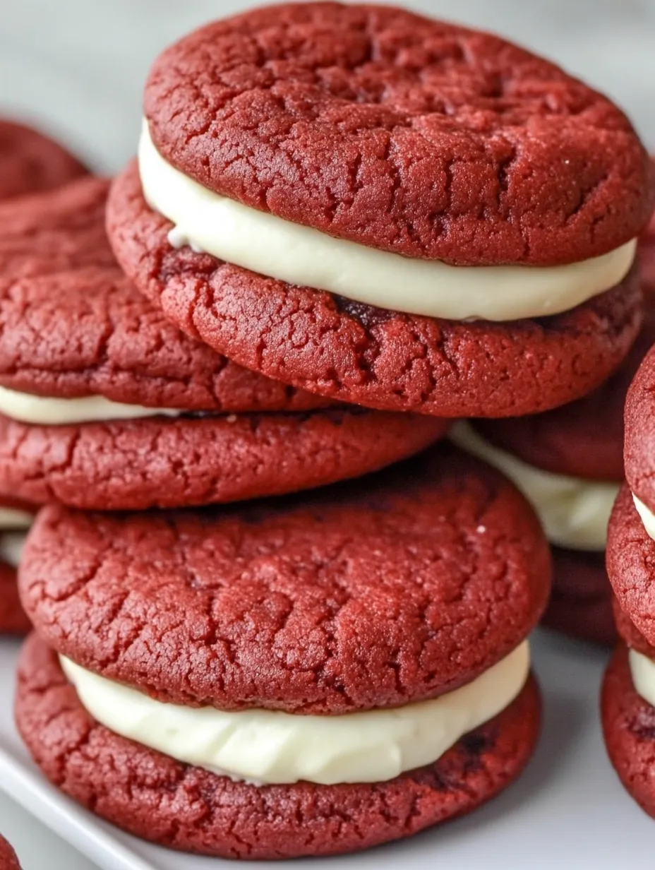 Red velvet sandwich cookies stacked on a plate.