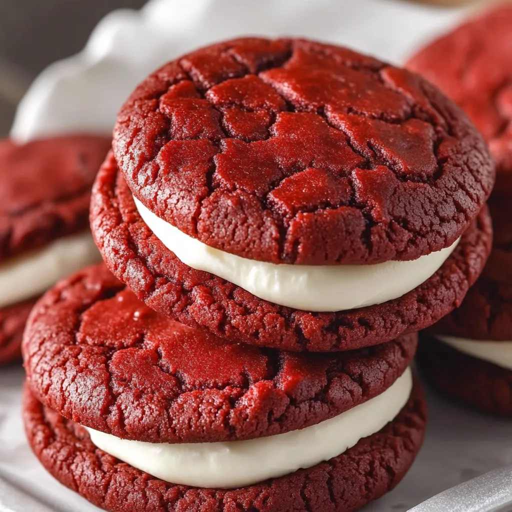 Red velvet sandwich cookies stacked on a plate.