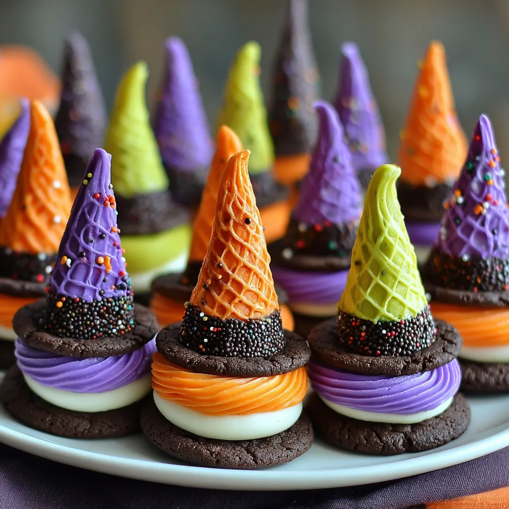 Halloween witch hat cookies on a plate.
