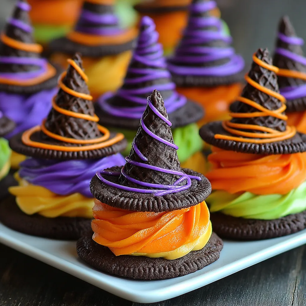 Halloween witch hat cookies on a plate.