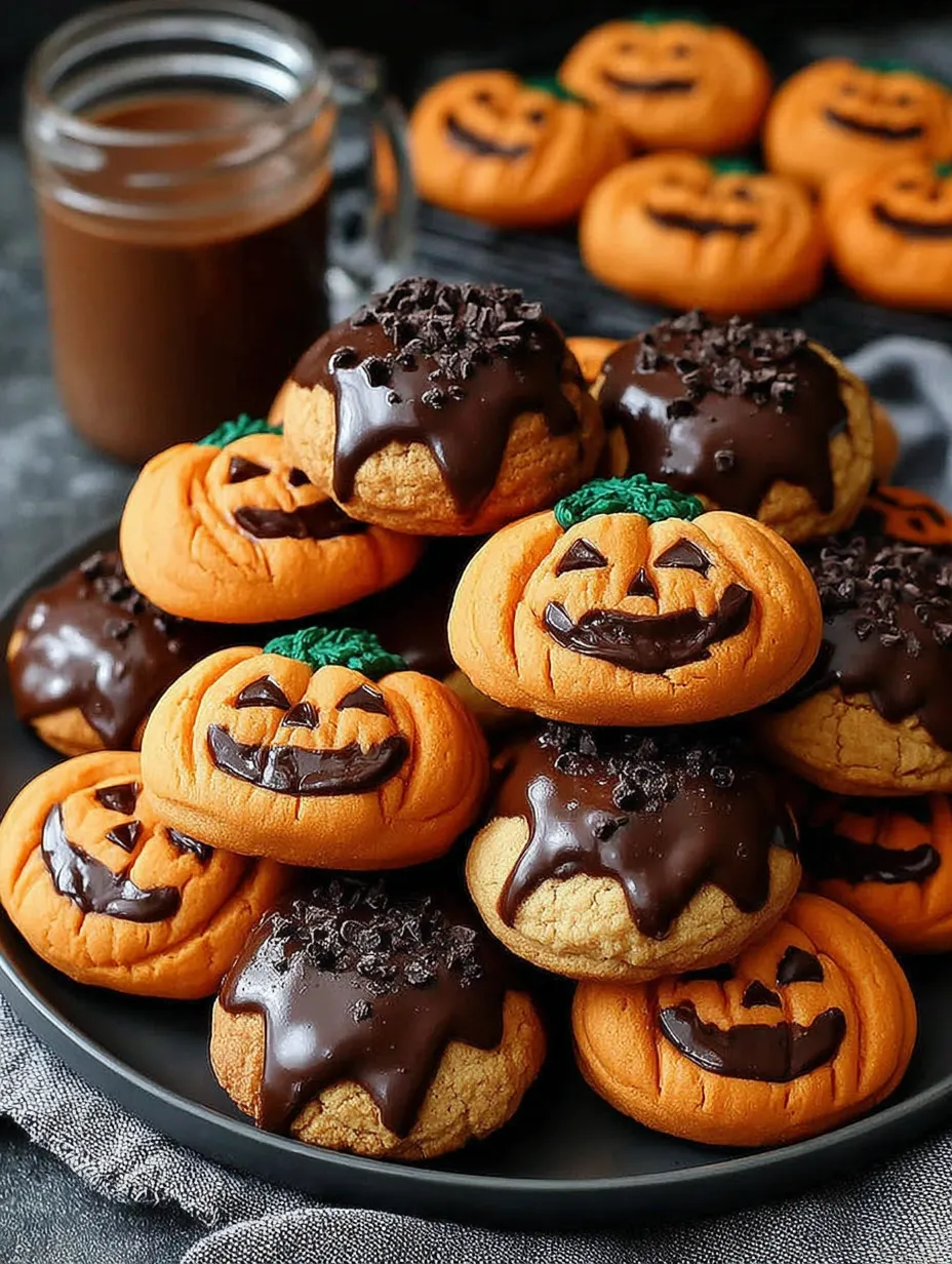 A plate of chocolate filled cookies with pumpkin faces.