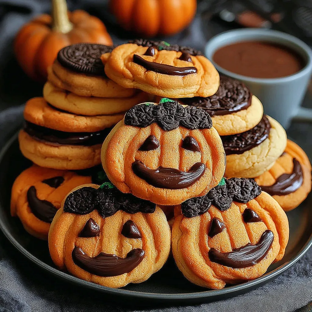 A plate of chocolate cookies with a pumpkin face on them.