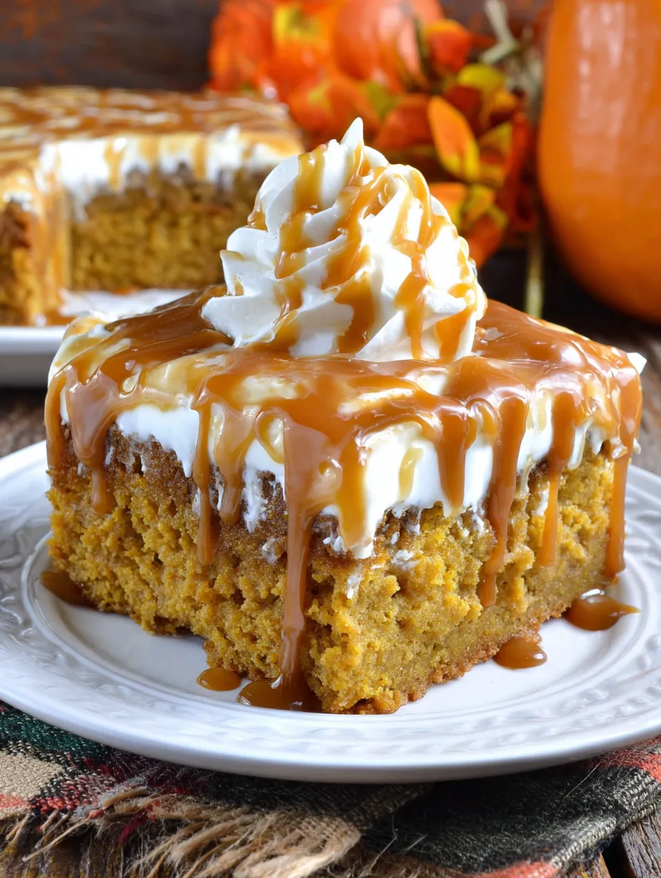 A slice of pumpkin cake with caramel drizzle.