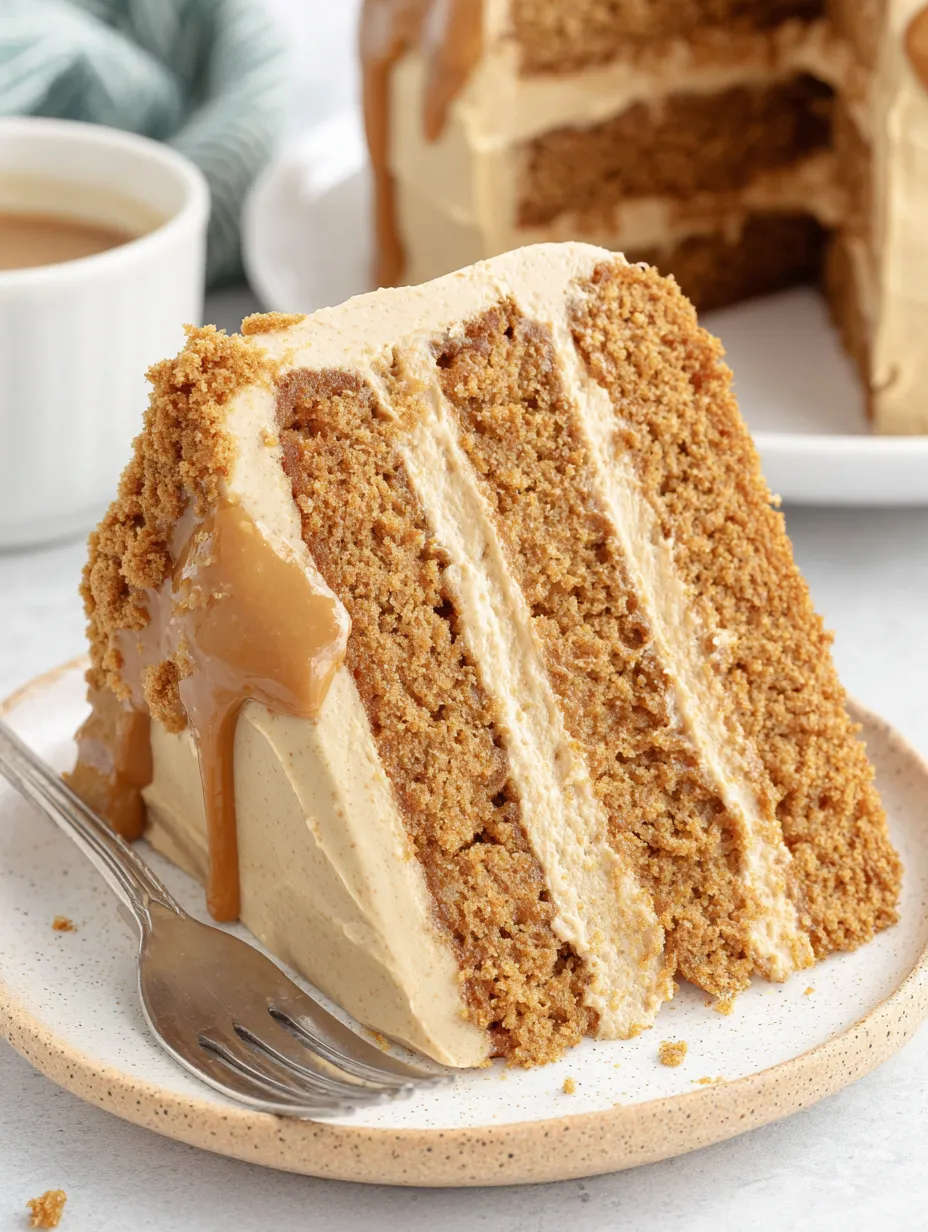 A slice of Biscoff cake on a plate.