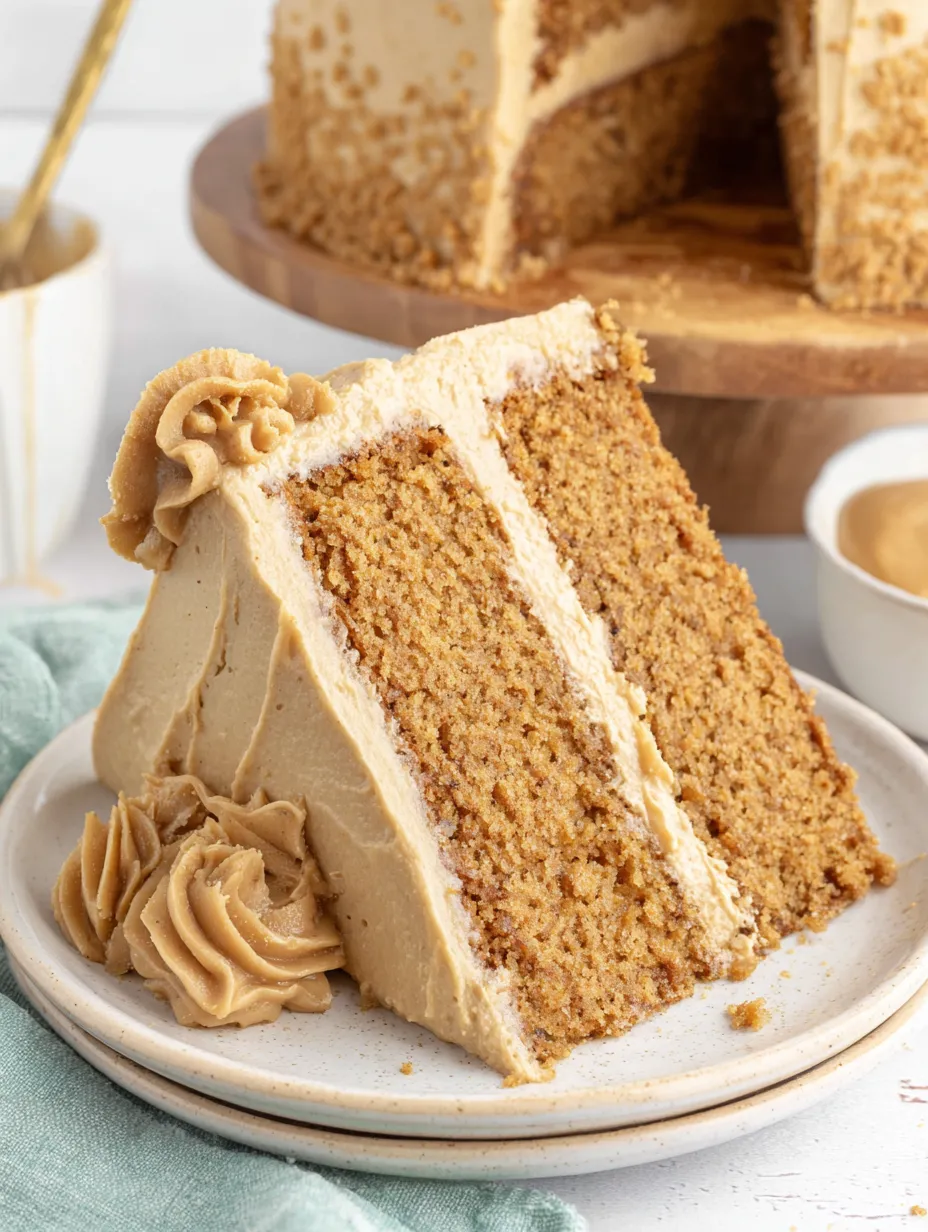 A slice of Biscoff cake on a plate.