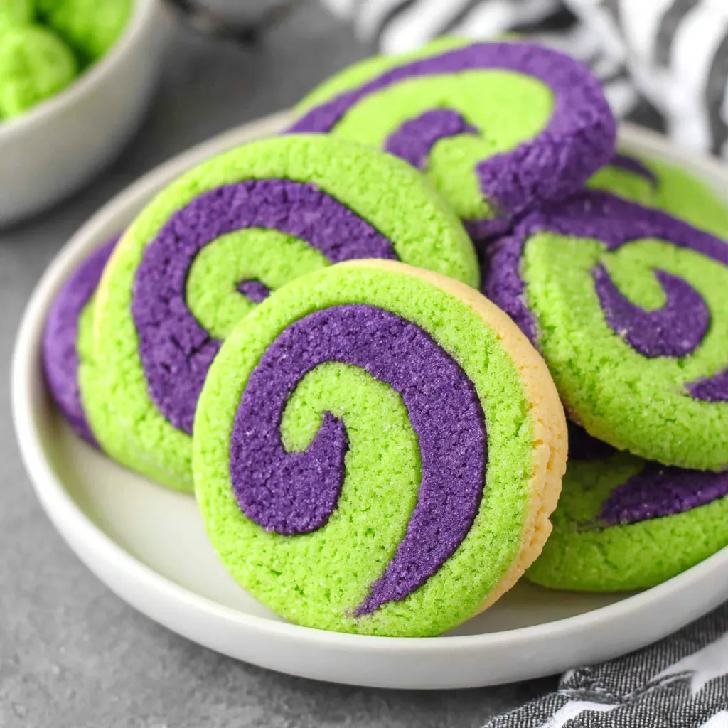 Halloween pinwheel cookies on a plate.