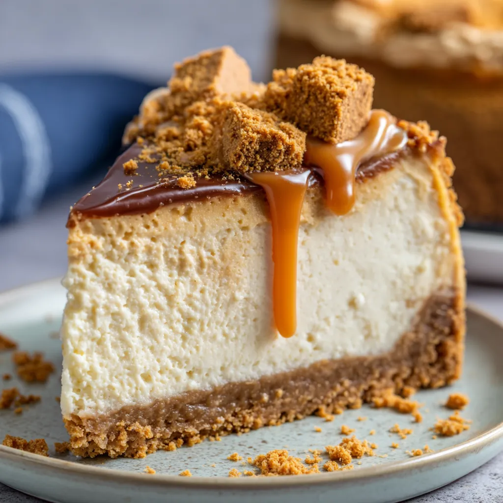 A slice of Biscoff cheesecake with caramel drizzle.