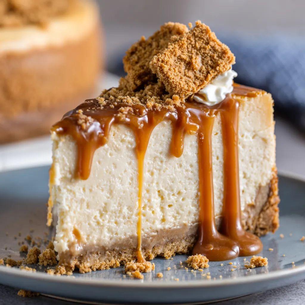 A slice of Biscoff cheesecake with caramel drizzle.