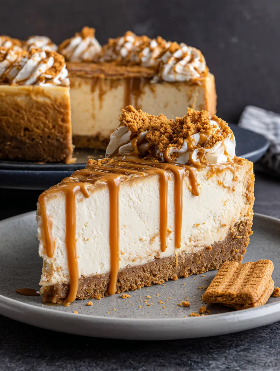 A slice of Biscoff cheesecake on a plate.