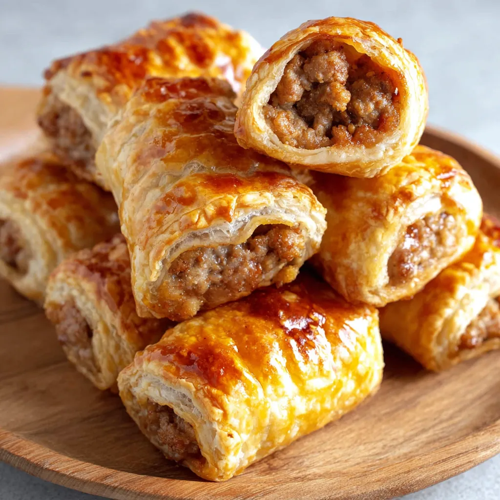 French onion sausage rolls on a wooden platter.