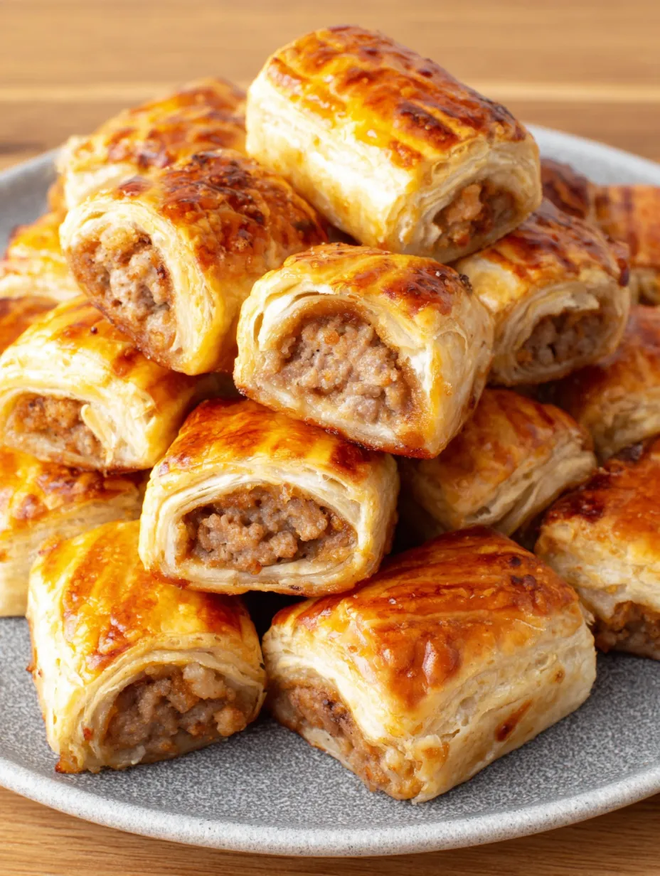 French onion sausage rolls stacked on a plate.