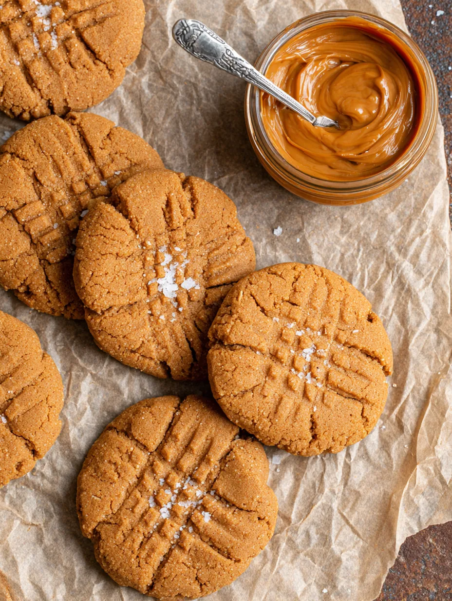 A jar of peanut butter sits next to a plate of cookies.