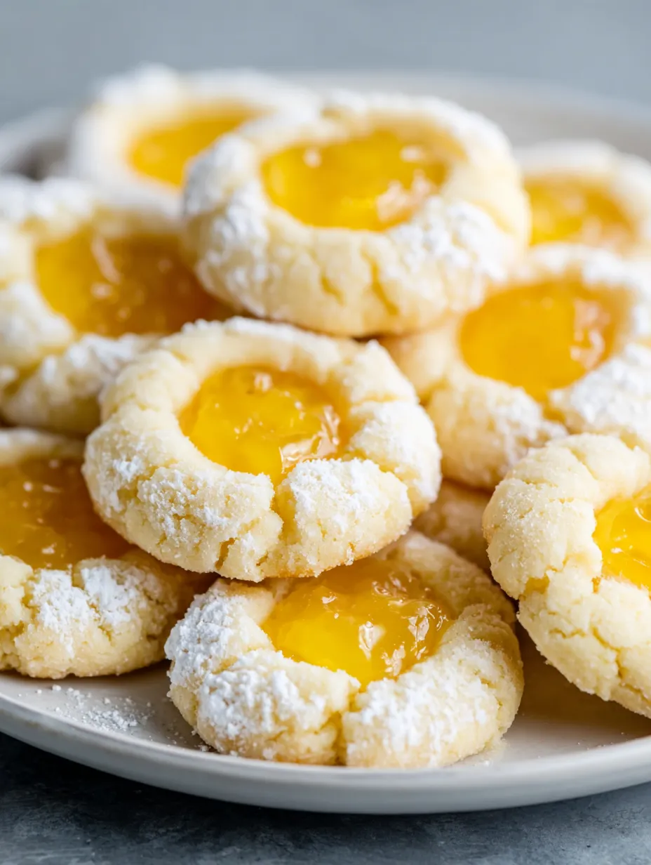 A plate of lemon curd thumbprint cookies.