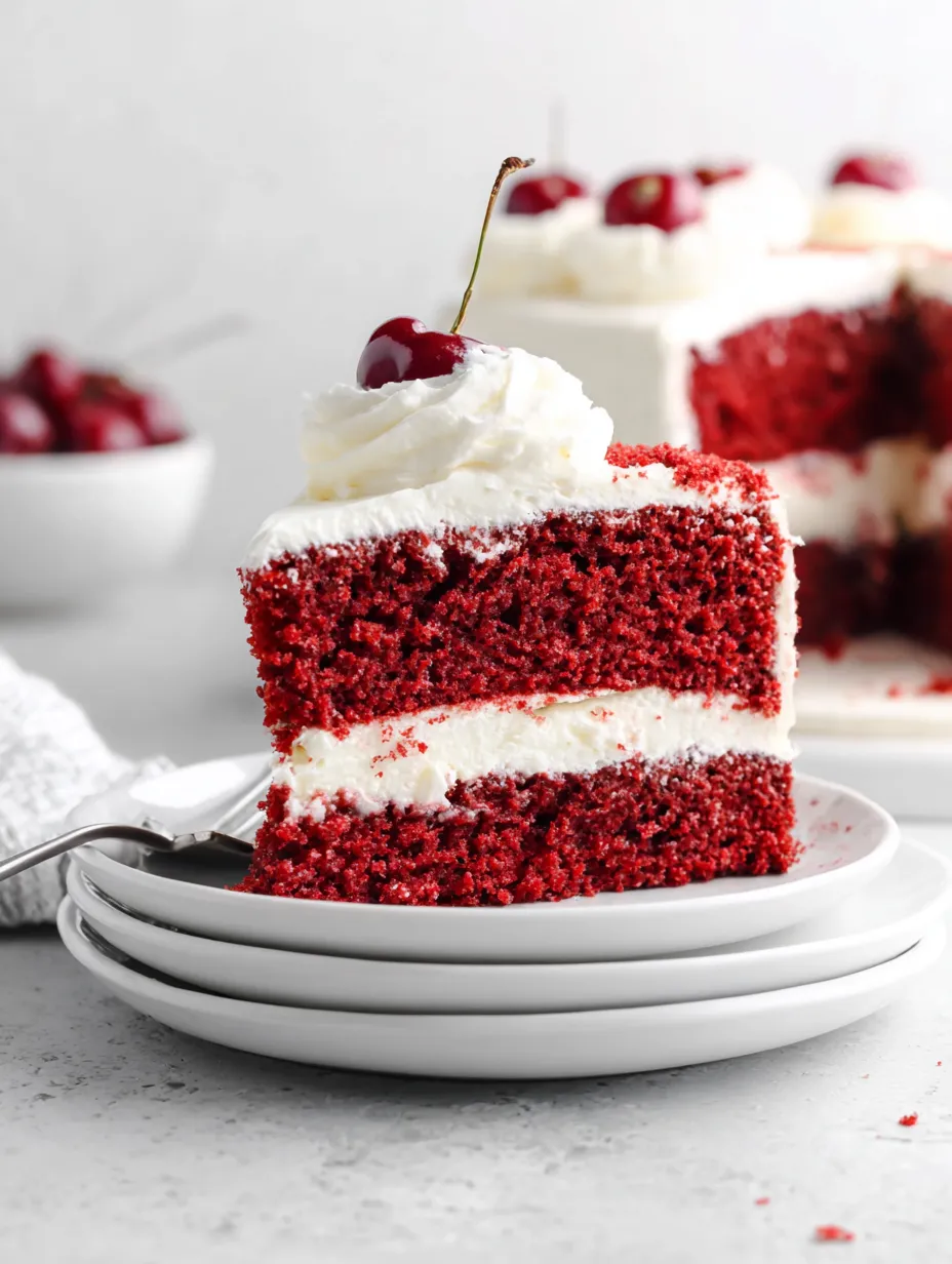 A slice of red velvet cake with white frosting and a cherry on top.