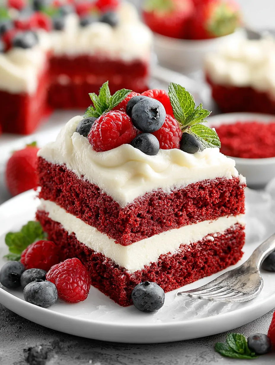 A slice of red velvet cake with white frosting and blueberries.