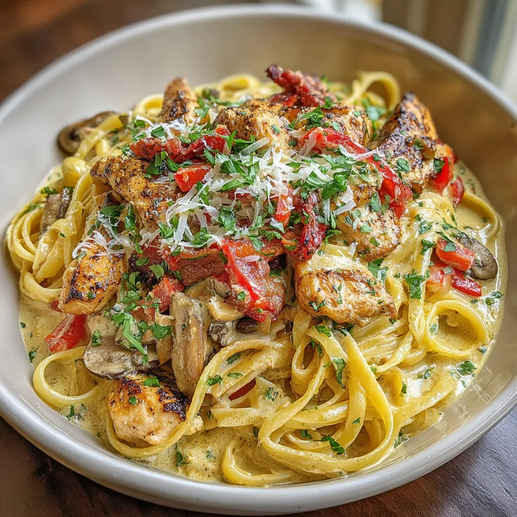 A bowl of creamy cowboy chicken linguine.