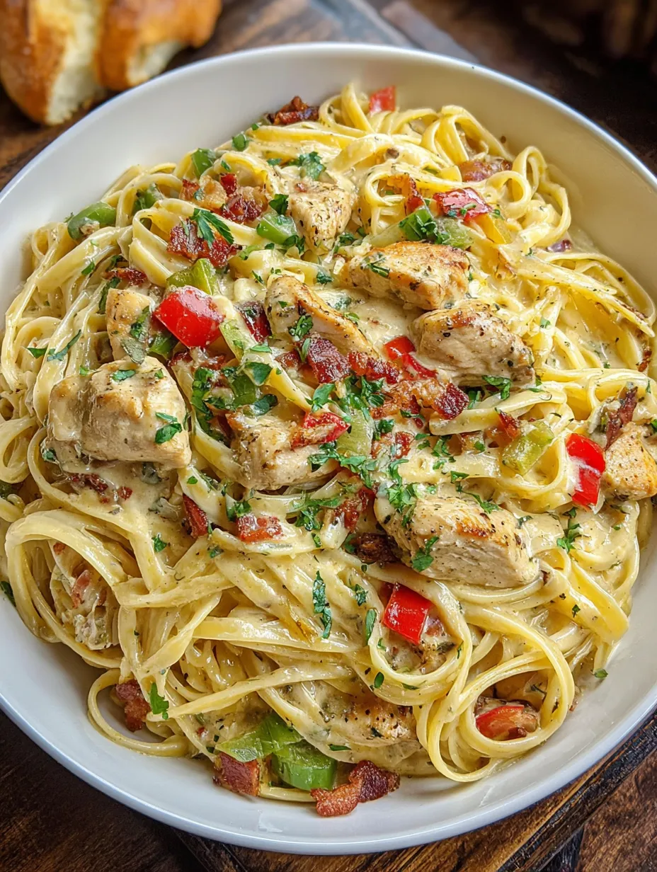 A bowl of creamy cowboy chicken linguine.