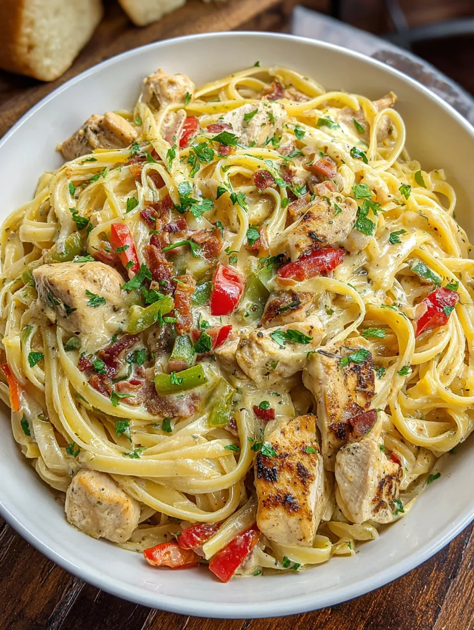 A bowl of creamy cowboy chicken linguine.