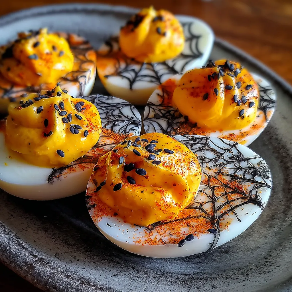 Spooky Spiderweb Deviled Eggs.