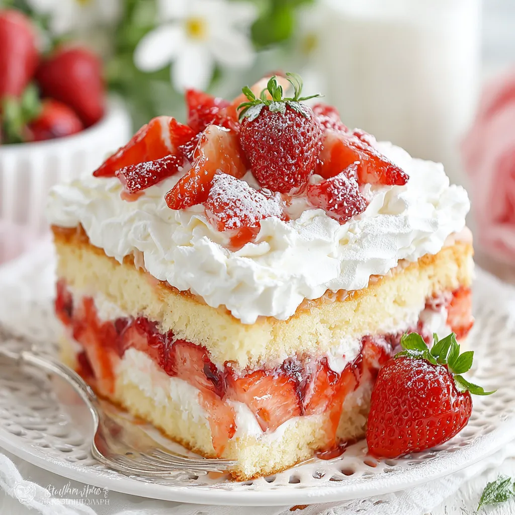 A slice of strawberry cake with whipped cream.