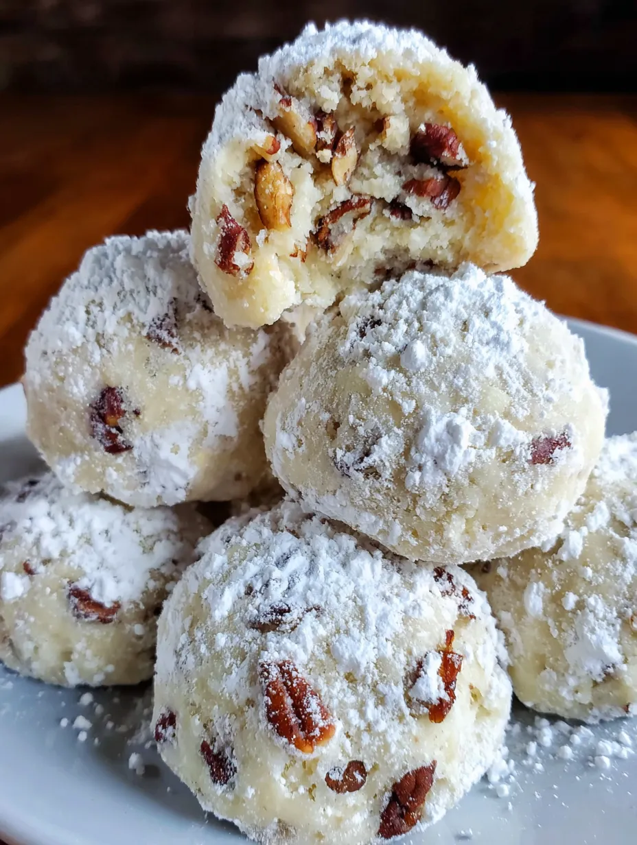 A stack of pecan snowball cookies.