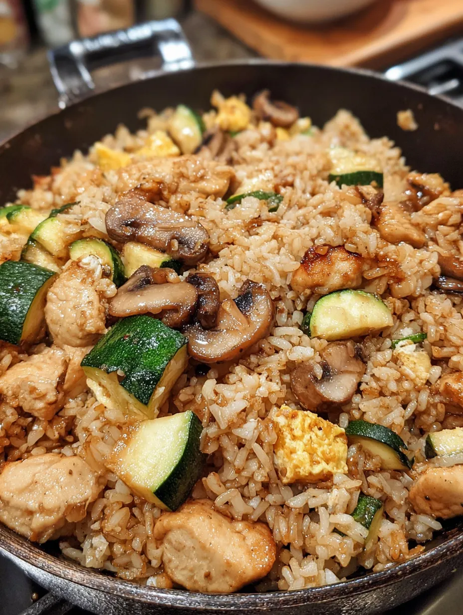A dish of rice with mushrooms and zucchini.