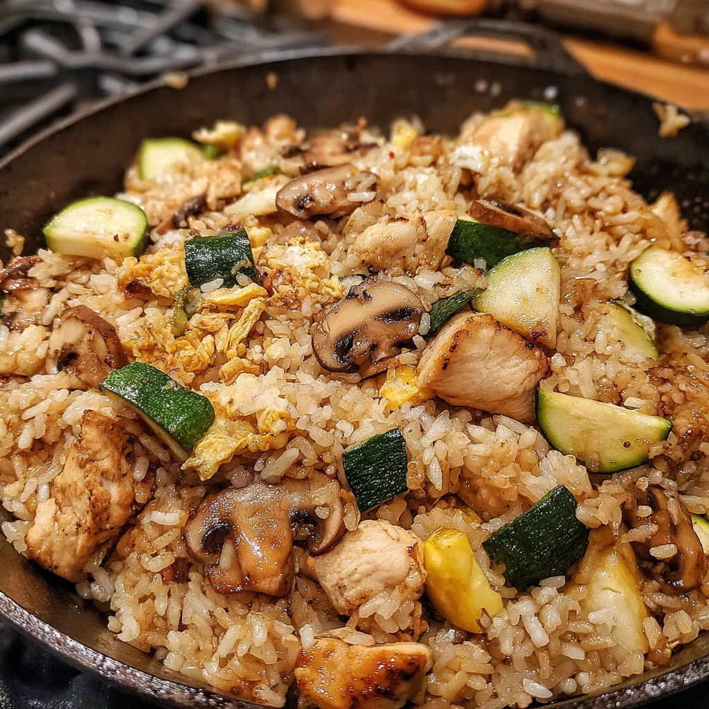 A pan of rice with chicken and vegetables.